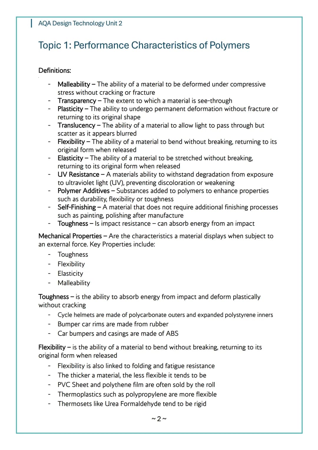 # AQA Design Technology Unit 2
# AQA
Design Technology
# Unit 2
# Content
Notes
~1~ AQA Design Technology Unit 2
Topic 1: Performance Ch