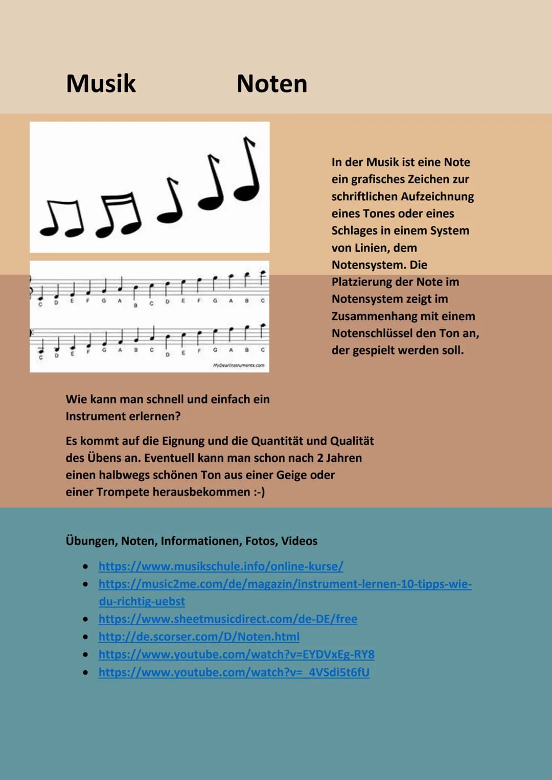 Musik
Noten
In der Musik ist eine Note
ein grafisches Zeichen zur
schriftlichen Aufzeichnung
eines Tones oder eines
Schlages in einem Syste
