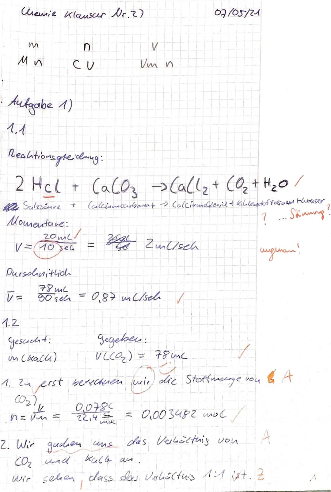 # Aufgabe 1. Reaktionsgeschwindigkeit beim Auflösen von Kalk
1.1 Formulieren Sie die Reaktionsgleichung für die Auflösung von Kalk im Labor
