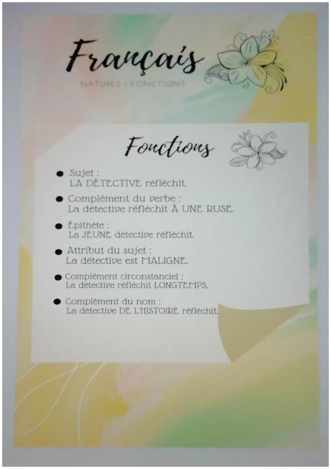 # Français
NATURES/FONCTIONS
## Natures
MOTS VARIABLES
Le nom désigne un objet, une personne ou une idée.
Le déterminant, devant le nom,
