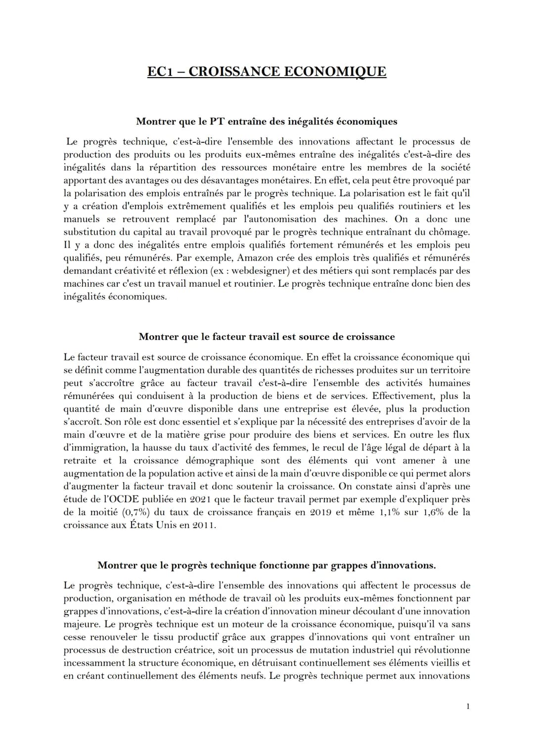 # EC1 – CROISSANCE ECONOMIQUE
Montrer que le PT entraîne des inégalités économiques
Le progrès technique, c'est-à-dire l'ensemble des inno