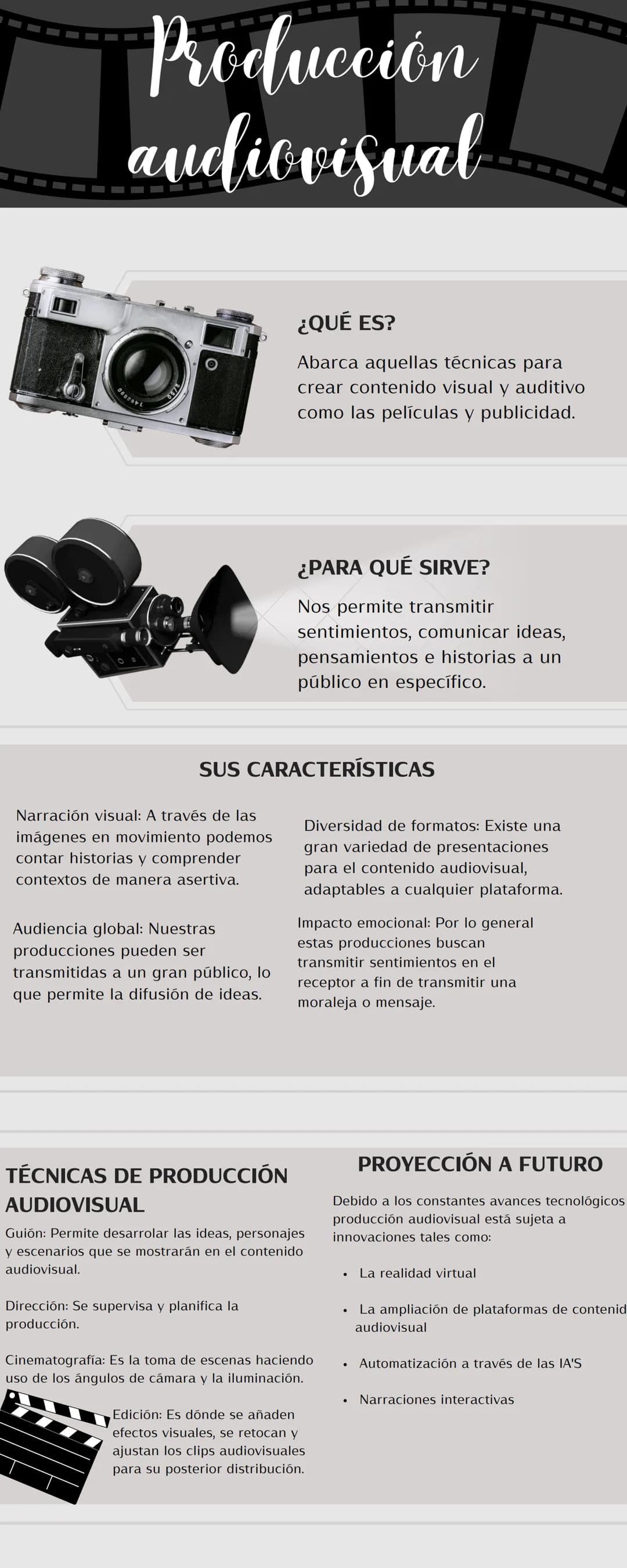 # Producción
# audiovisual
¿QUÉ ES?
Abarca aquellas técnicas para
crear contenido visual v auditivo
como las películas y publicidad.
¿PAR