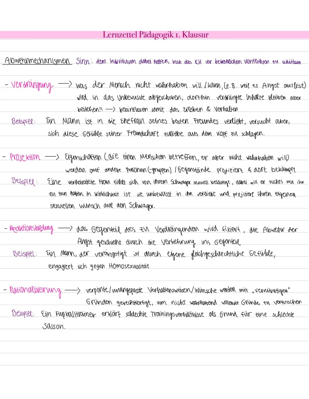 # Lernzettel Pädagogik 1. Klausur
Abwehrmechanismen Sinn: dem Individuum dabei helfen, insb. das ICH vor bedrohlichen vonflikten zu schiitz