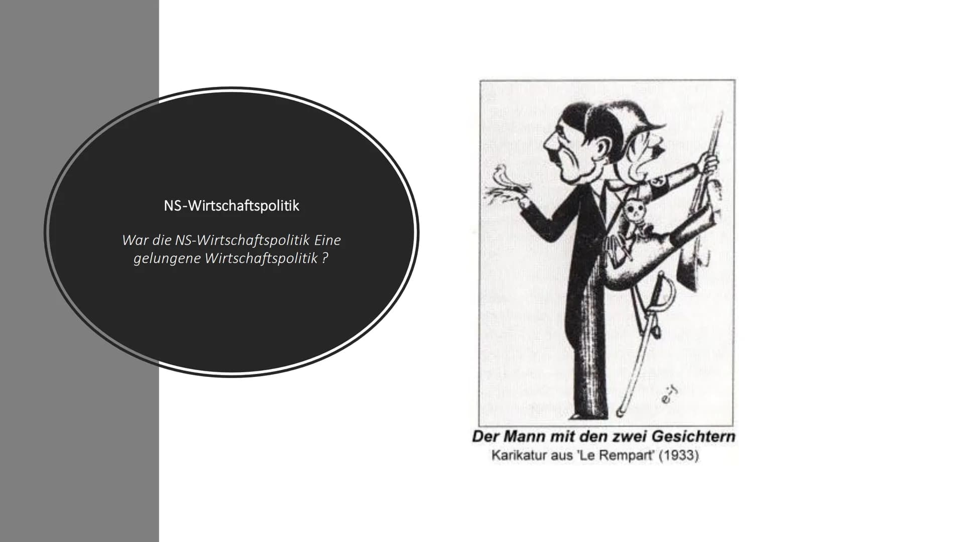 NS-Wirtschaftspolitik
War die NS-Wirtschaftspolitik Eine
gelungene Wirtschaftspolitik ?
Der Mann mit den zwei Gesichtern
Karikatur aus 'Le