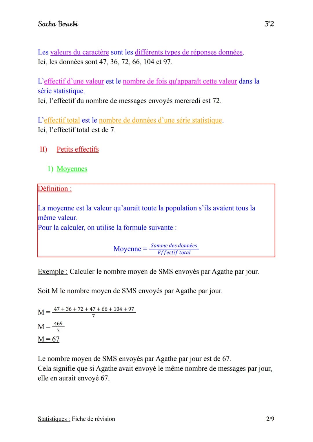 Sacha Berrebi
3°2
# Chapitre n°3: Statistiques
## Fiche de révision
I) Définition et vocabulaire
1) Définition
Définition:
Une série de