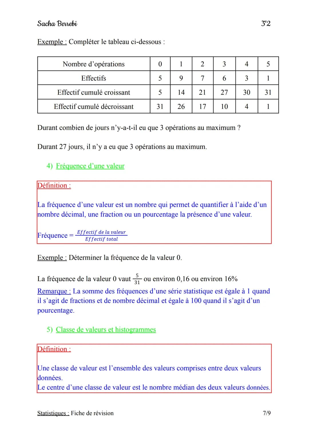 Sacha Berrebi
3°2
# Chapitre n°3: Statistiques
## Fiche de révision
I) Définition et vocabulaire
1) Définition
Définition:
Une série de