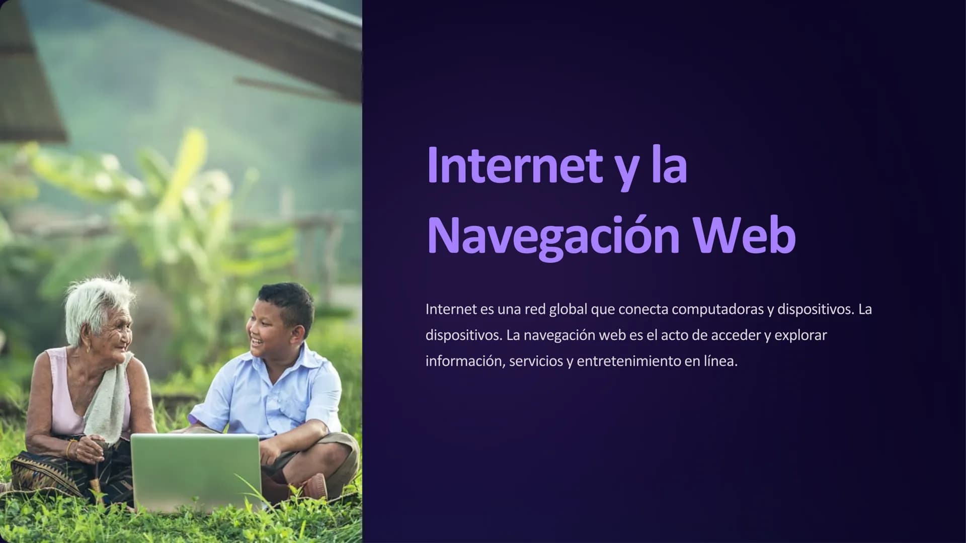 # Internet y la
Navegación Web
Internet es una red global que conecta computadoras y dispositivos. La
dispositivos. La navegación web es el