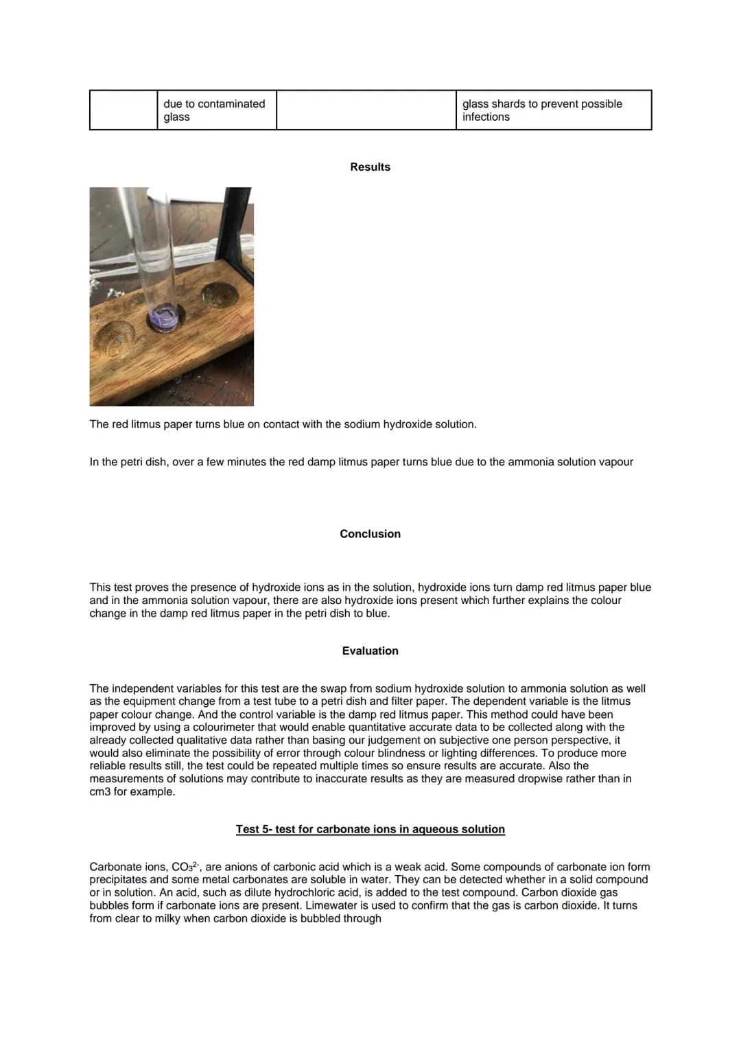 # Required Practical 4: Carry out simple test-tube reactions to identify cations and anions in
aqueous solution
Introduction
Aim: To carry