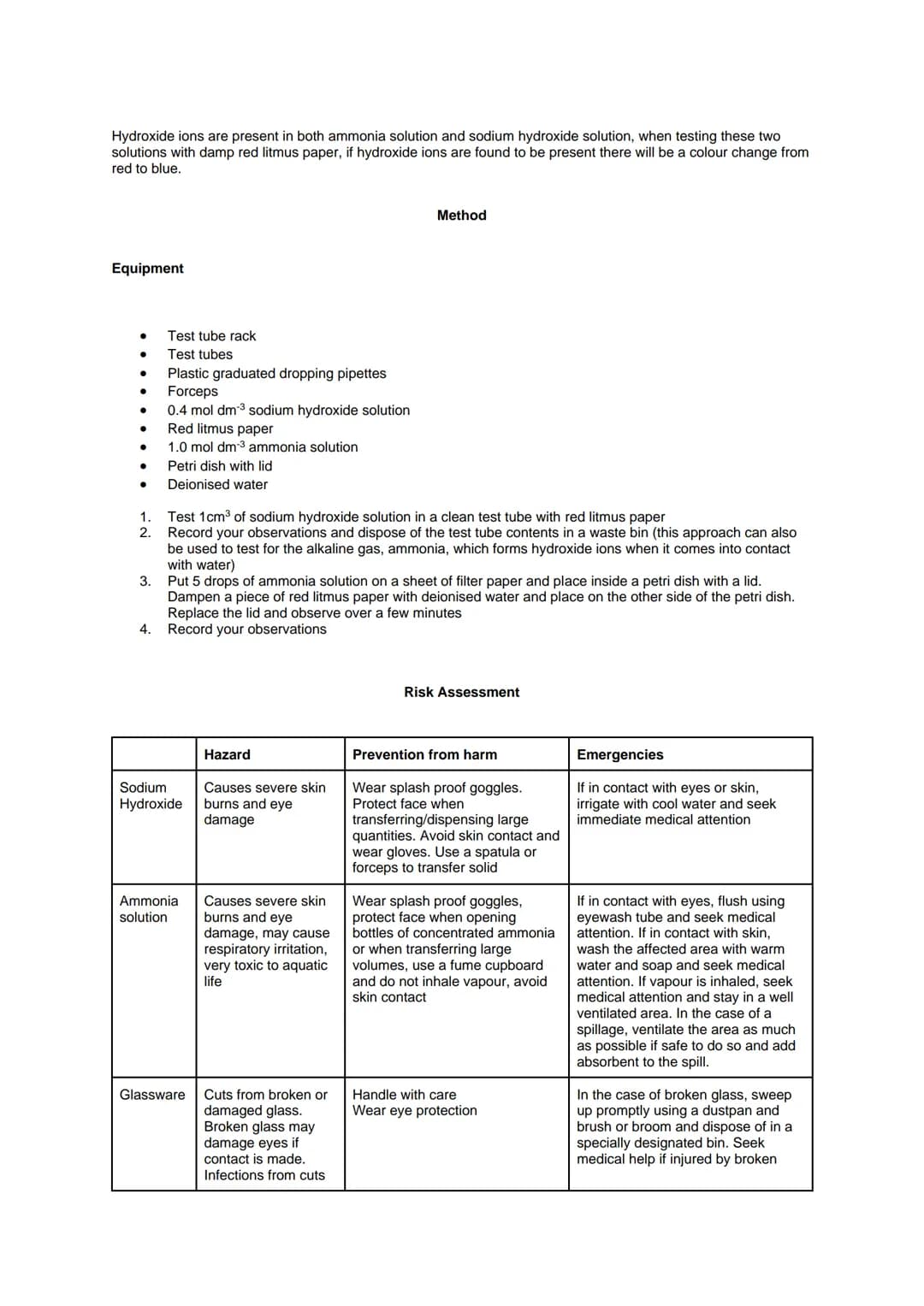 # Required Practical 4: Carry out simple test-tube reactions to identify cations and anions in
aqueous solution
Introduction
Aim: To carry