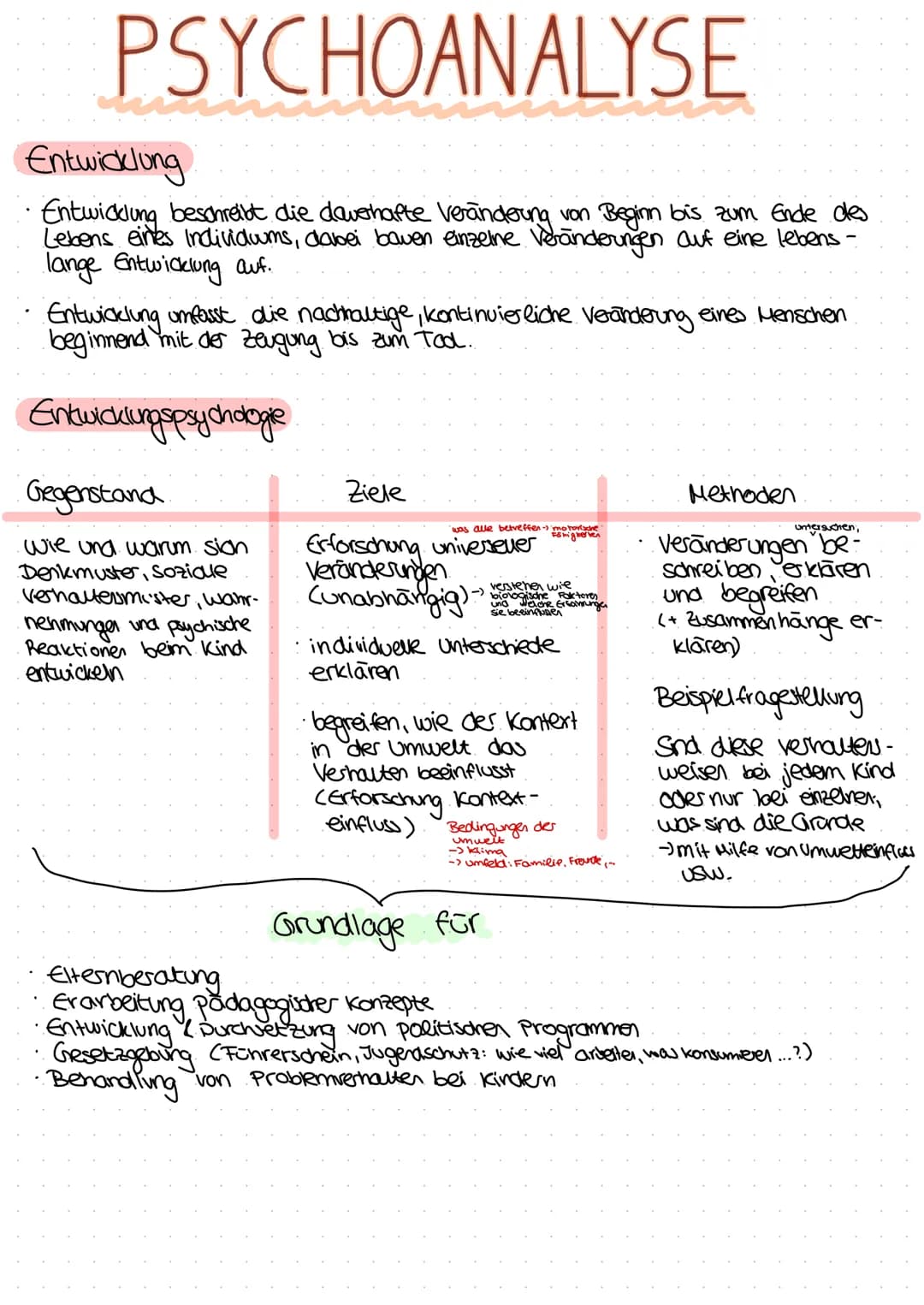 # PSYCHOANALYSE
## Entwicklung
* Entwicklung beschreibt die daveshafte Veränderung von Beginn bis zum Ende des
Lebens eines Individu