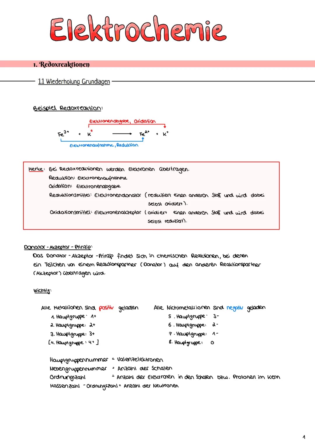 # Elektrochemie
1. Redoxreaktionen
1.1 Wiederholung Grundlagen
Beispiel Redoxreaktion:
Elektronenabgabe, Oxidation
$Fe^{3+}$ + K
Elekt