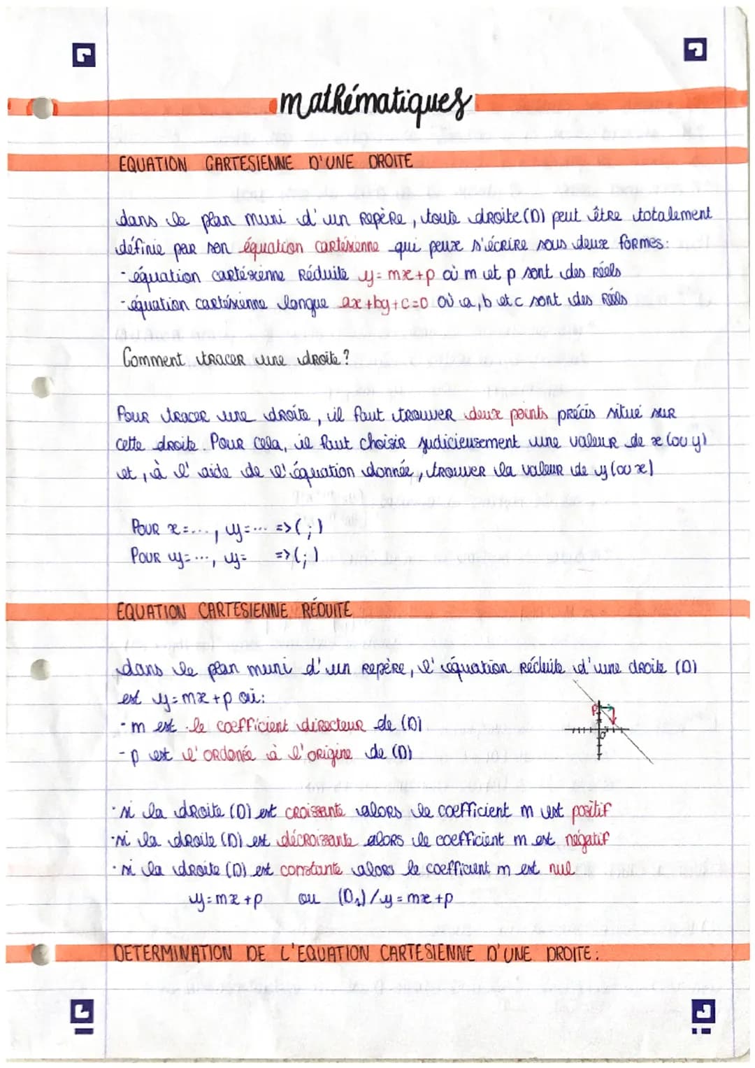 # mathématiques
EQUATION GARTESIENNE D'UNE DROITE
dans le plan muni d'un repère, toute droite (D) peut être totalement
définie par son équ