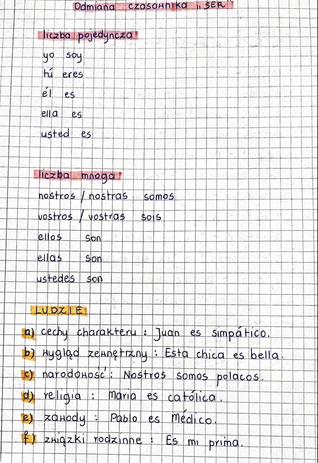 Odmiana czasownika SER
liczba pojedyncza
yo soy
tú eres
el es
ella es
usted es
liczba mnoga
nostros / nostras somos
vostros / vostras SO