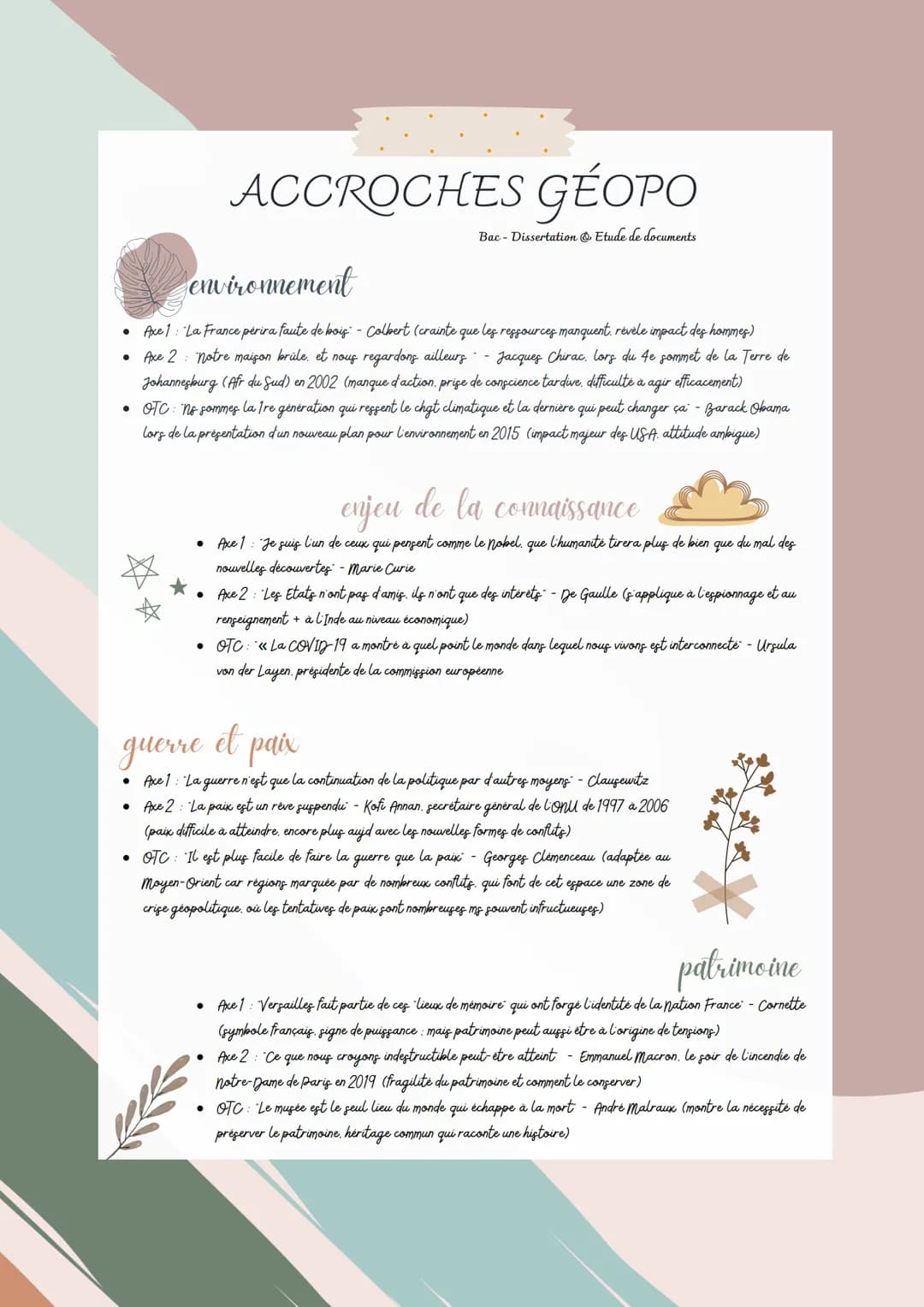 # ACCROCHES GÉOPO
Bac-Dissertation Etude de documents
## environnement
- Axel: La France perira faute de bois - Colbert (crainte que les r