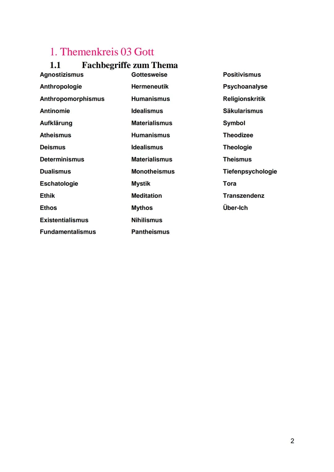 2023
Religion Abi
2023
Zusammenfassung # 1. Themenkreis 03 Gott
## 1.1 Fachbegriffe zum Thema
Agnostizismus
Gottesweise
Positivismus
Ant
