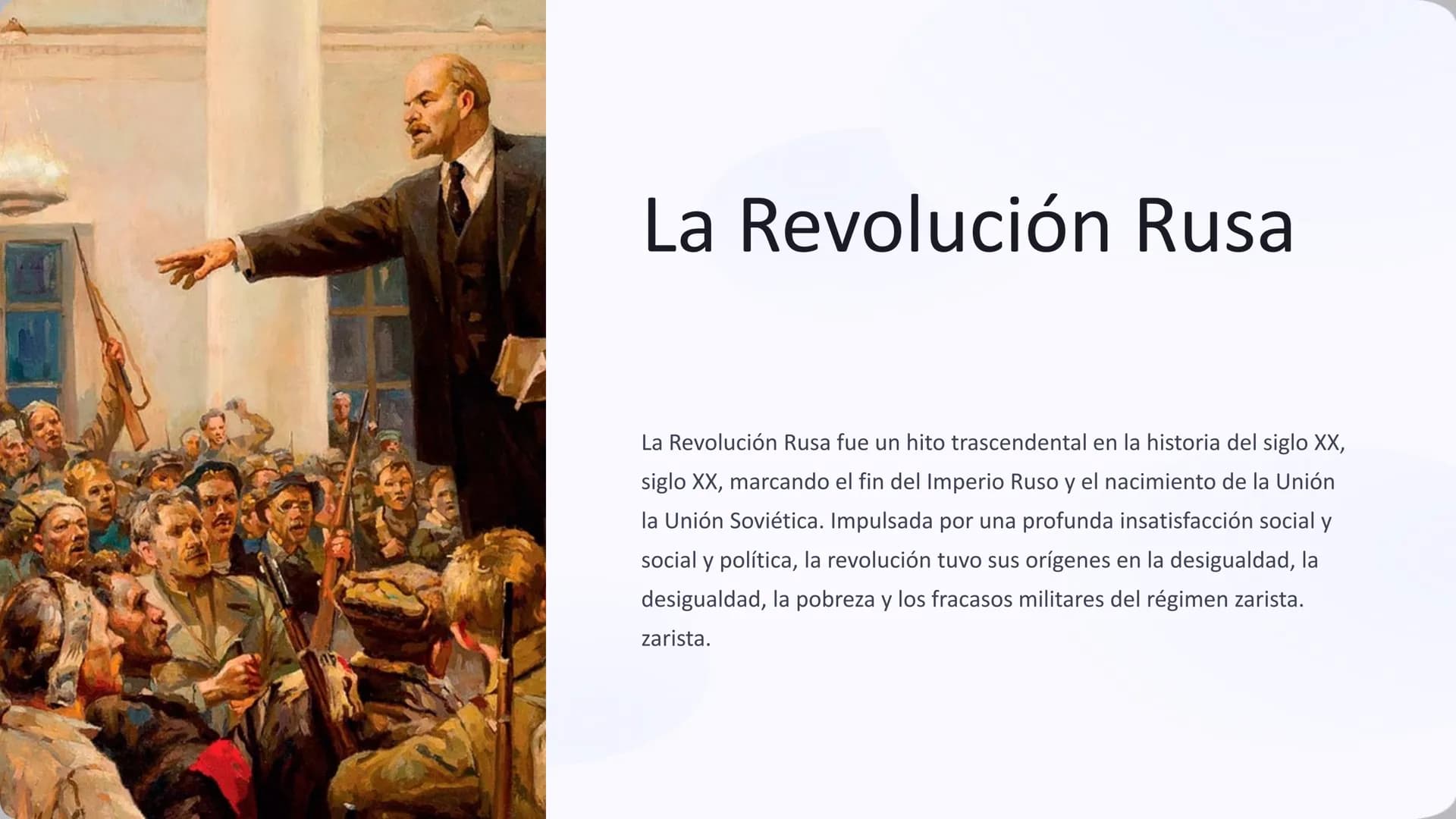 # La Revolución Rusa
La Revolución Rusa fue un hito trascendental en la historia del siglo XX,
siglo XX, marcando el fin del Imperio Ruso y