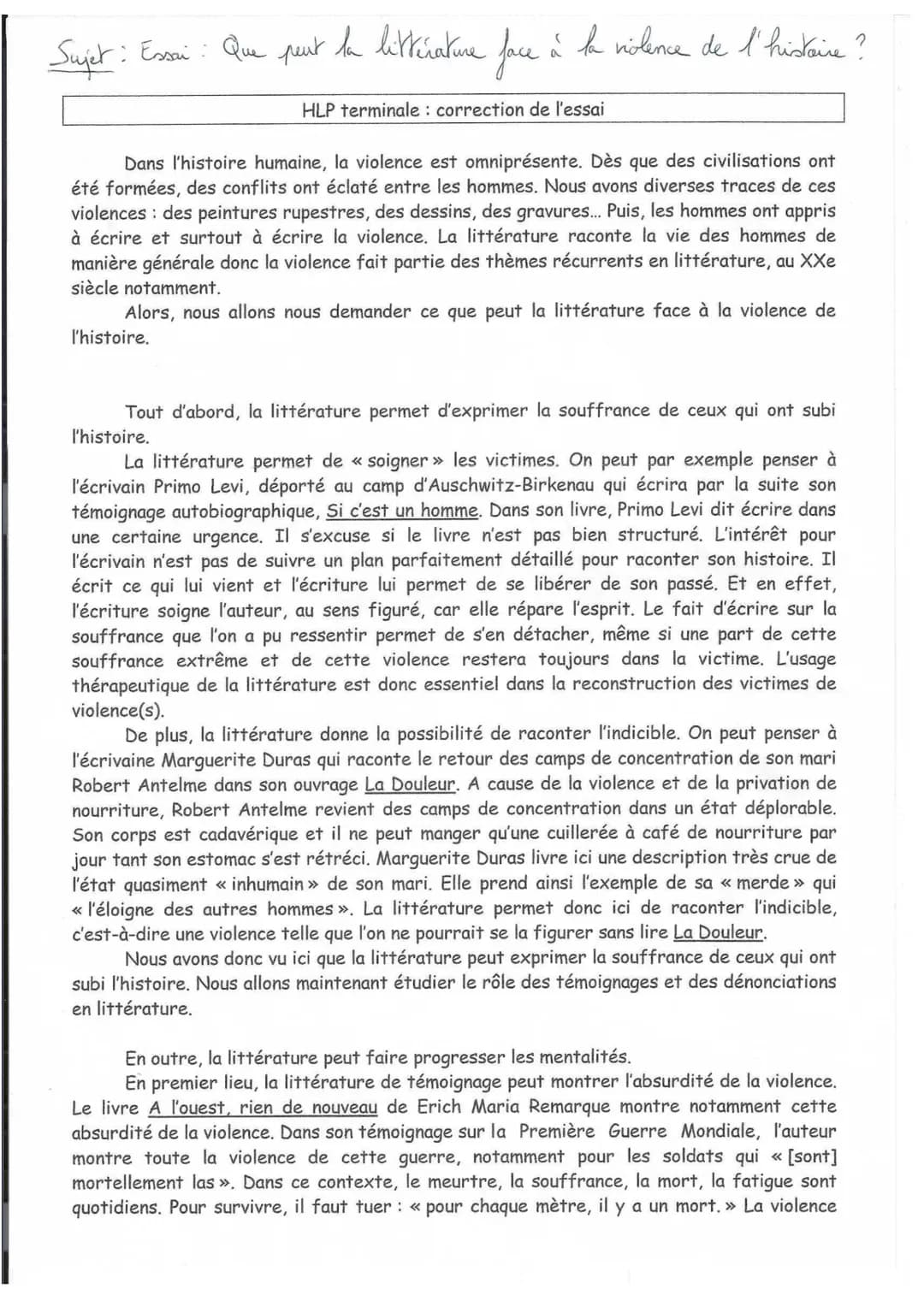 # Sujet: Essai: Que peut la littérature face à ta nolence de l'histoire ?
HLP terminale: correction de l'essai
Dans l'histoire humaine, la