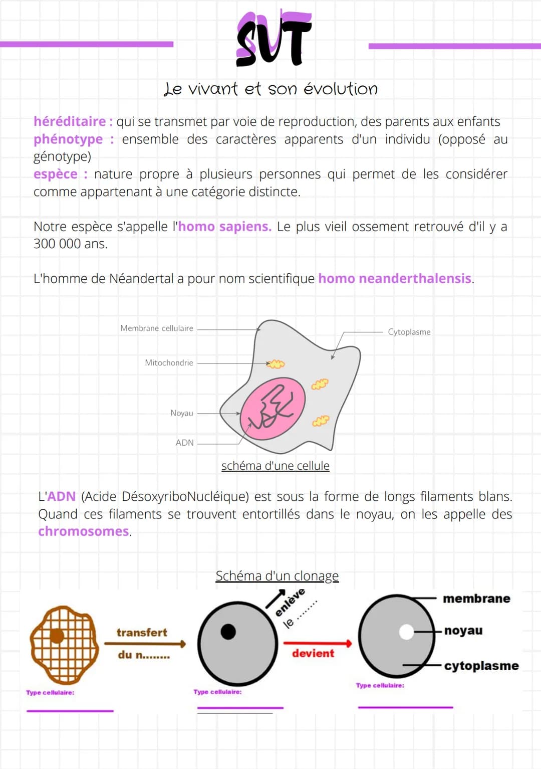 # SUT
Le vivant et son évolution
héréditaire: qui se transmet par voie de reproduction, des parents aux enfants
phénotype: ensemble des ca