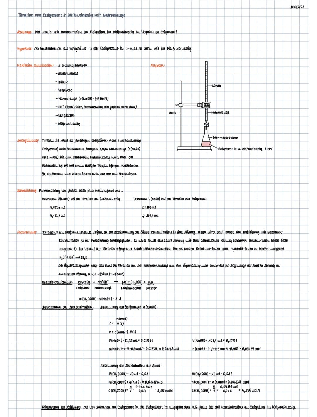 # Titration von Essigessent & Weißweinessig mit Natronlauge
Mitrage: We cu ist one contentration al Essigsdire im weißweinessig im Verguicu