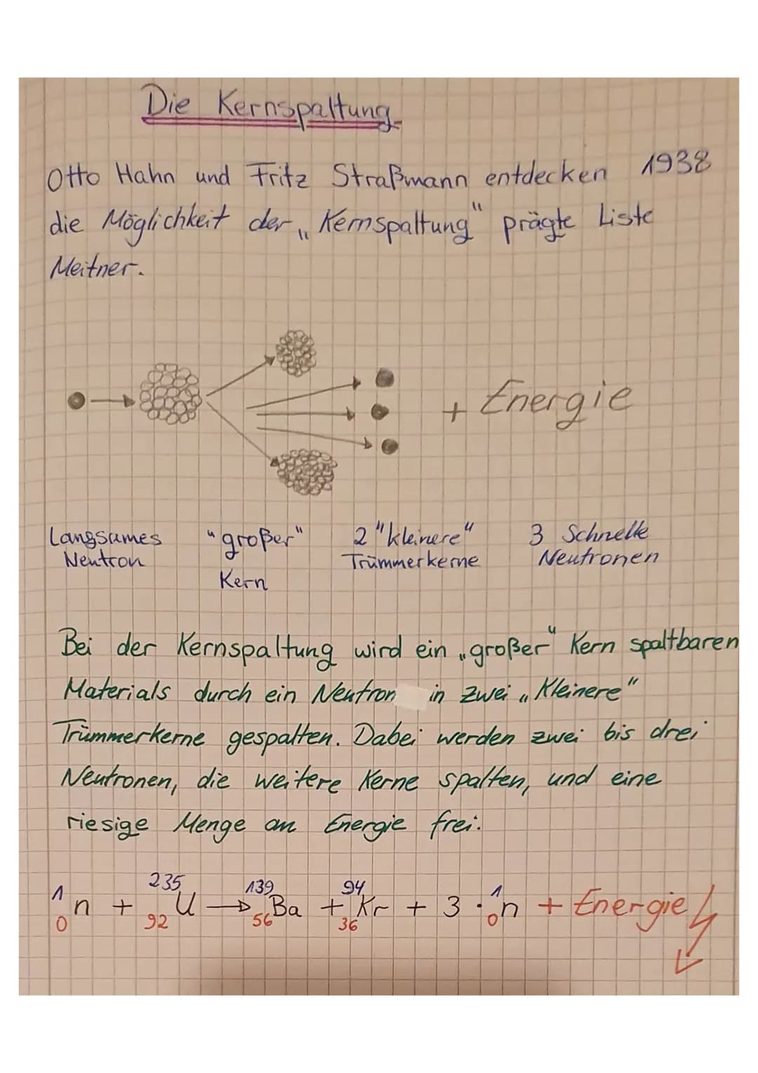 # Die Kernspaltung
Otto Hahn und Fritz Straßmann entdecken 1938
die Möglichkeit der Kemspaltung" prägte Liste
Meitner.
+ Energie
Langsam