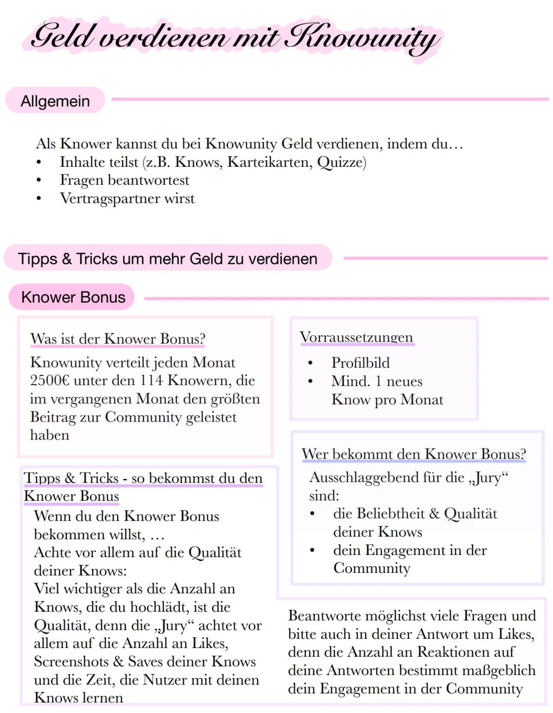 # Geld verdienen mit Knowunity
Allgemein
Als Knower kannst du bei Knowunity Geld verdienen, indem du...
- Inhalte teilst (z.B. Knows, Kart