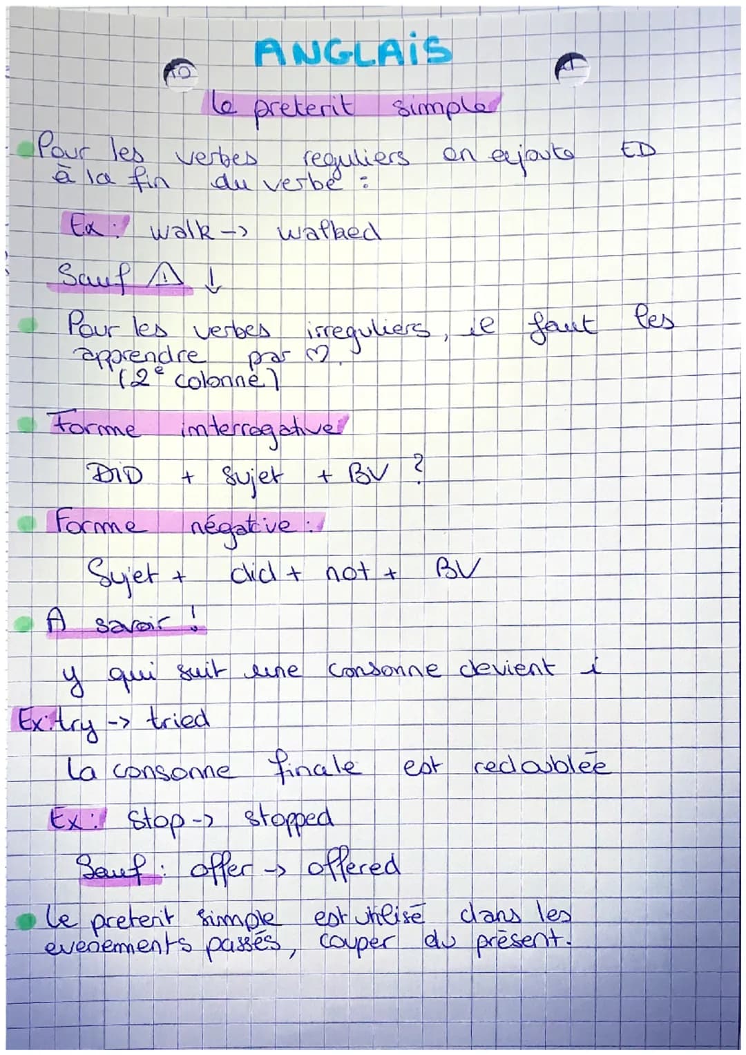 # ANGLAIS
le preterit simple
* Pour les verbes reguliers en ajoute ED
à la fin du verbe:
Ex: walk -> walked
Sauf A ↓
* Pour les