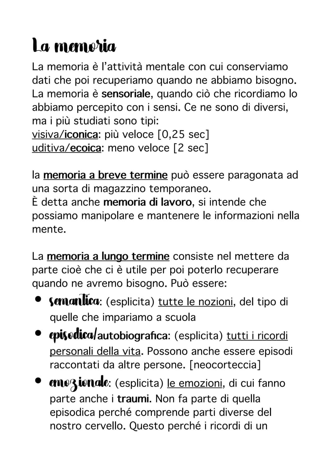 # La memoria
La memoria è l'attività mentale con cui conserviamo
dati che poi recuperiamo quando ne abbiamo bisogno.
La memoria è sensorial