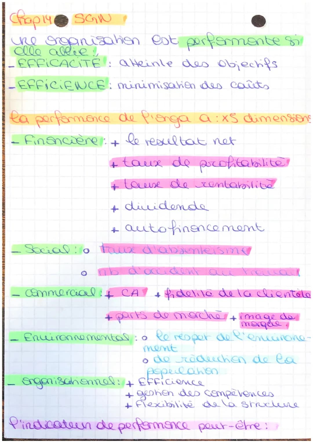 # Chap 14 SGN
une organisation est performante si
elle allie!
- EFFICACITE : atteinle des Objectifs
- EFFICIENCE: minimisation des caûts
