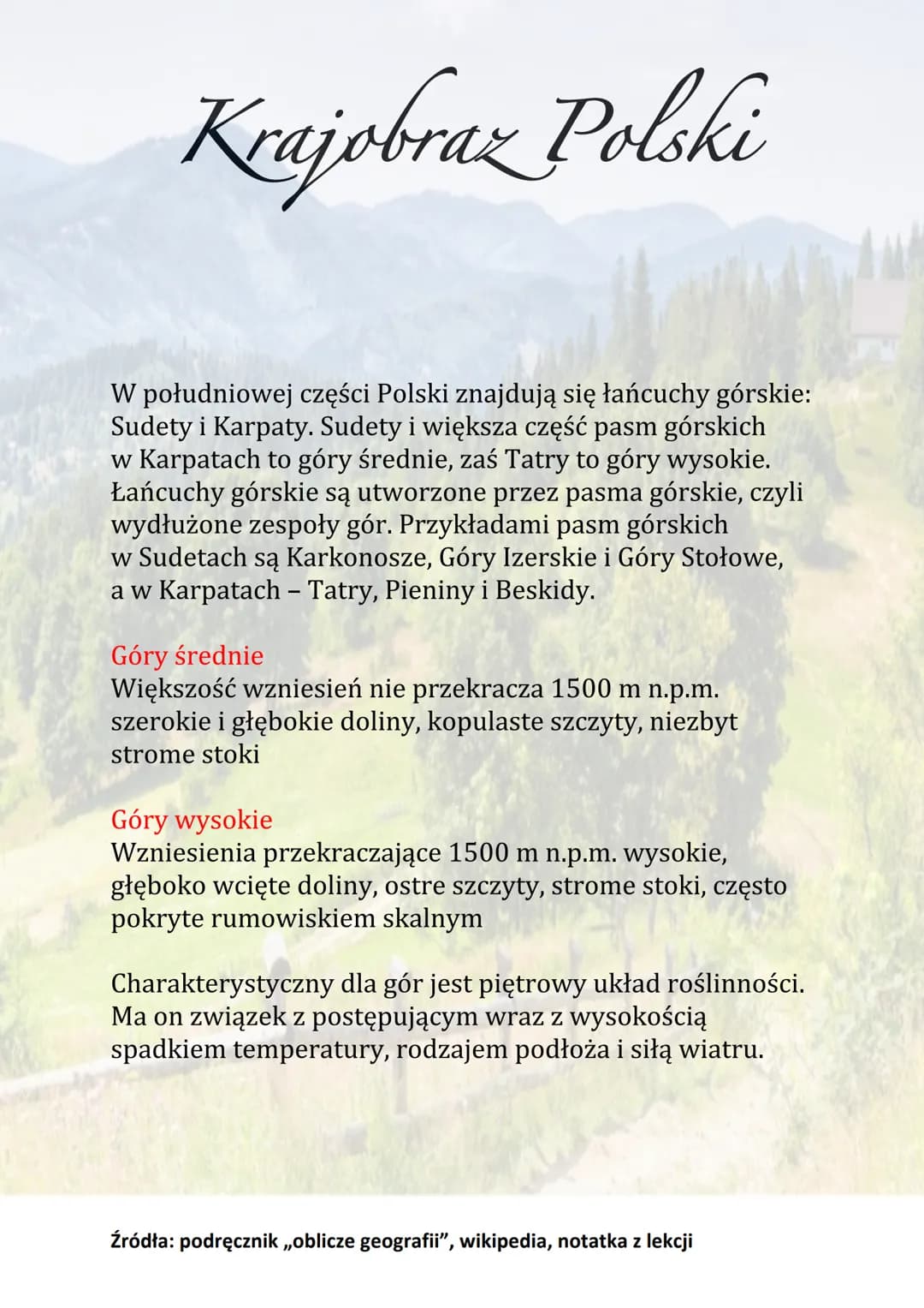 # Krajobraz Polski
Krajobrazy Polski są zróżnicowane. Przeważają niziny,
a w środkowej i południowej części kraju występują
wyżyny i góry.