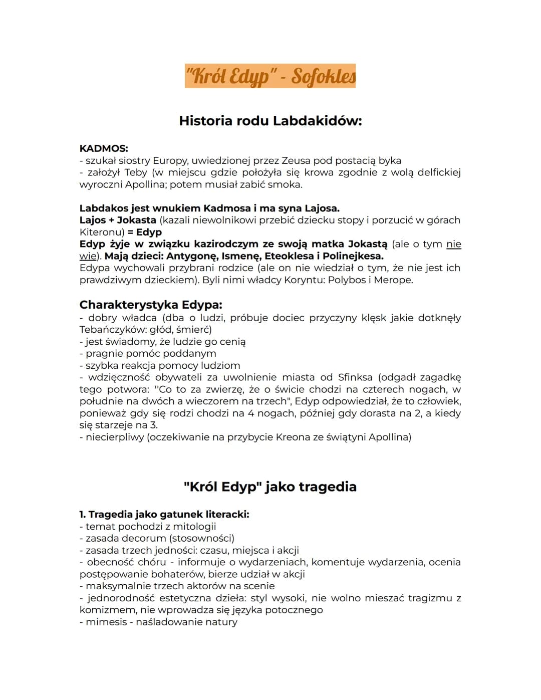 # "Król Edyp" - Sofokles
Historia rodu Labdakidów:
KADMOS:
- szukał siostry Europy, uwiedzionej przez Zeusa pod postacią byka
- założył T