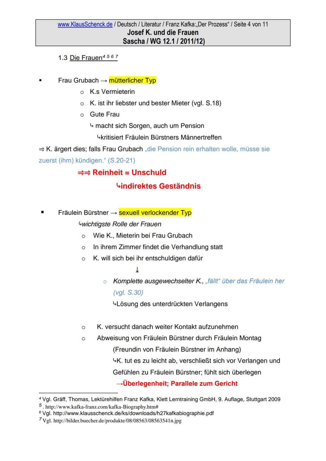 www.KlausSchenck.de / Deutsch / Literatur / Franz Kafka:,,Der Prozess" / Seite 1 von 11
Josef K. und die Frauen
Sascha / WG 12.1/2011/12)