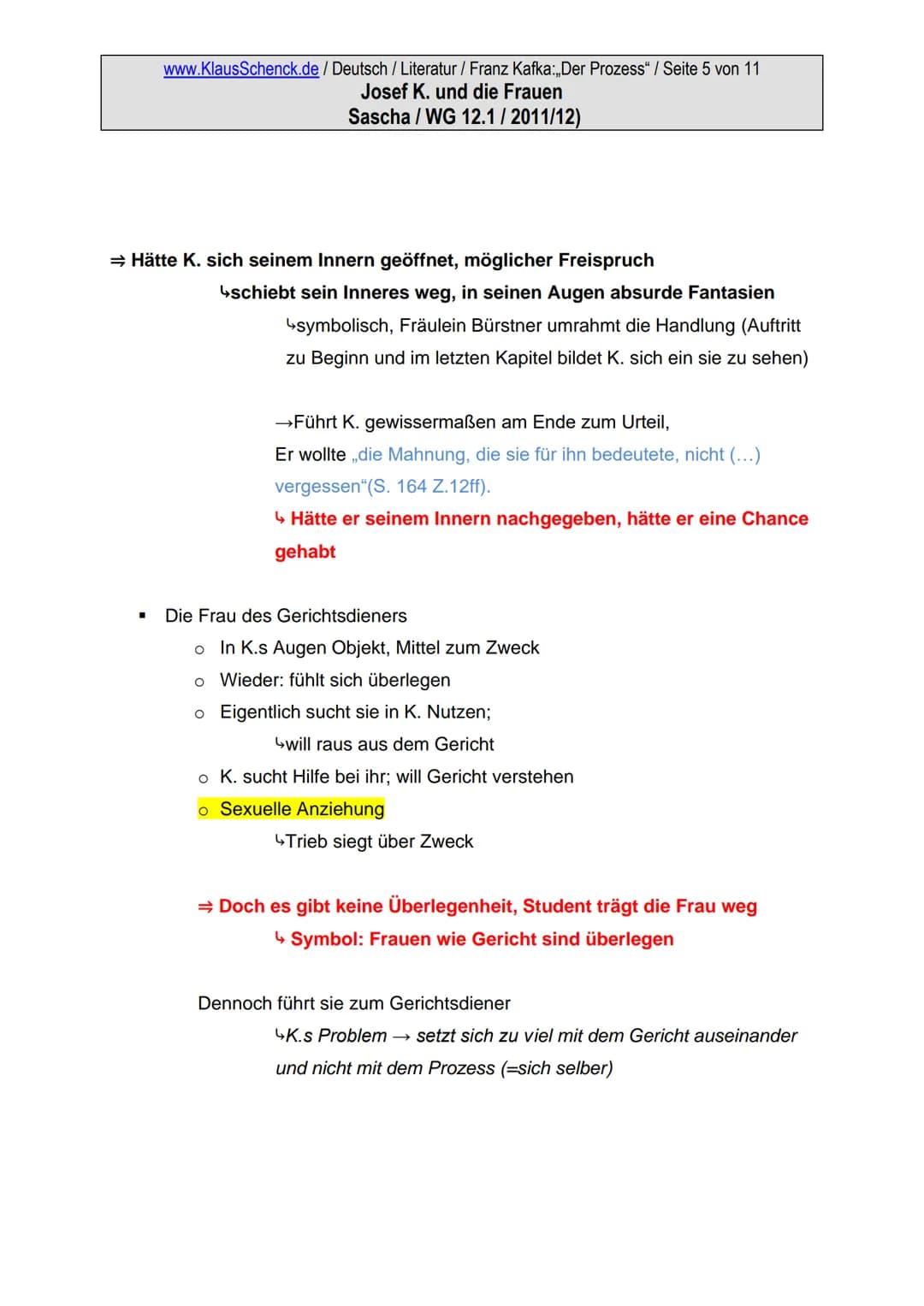 www.KlausSchenck.de / Deutsch / Literatur / Franz Kafka:,,Der Prozess" / Seite 1 von 11
Josef K. und die Frauen
Sascha / WG 12.1/2011/12)