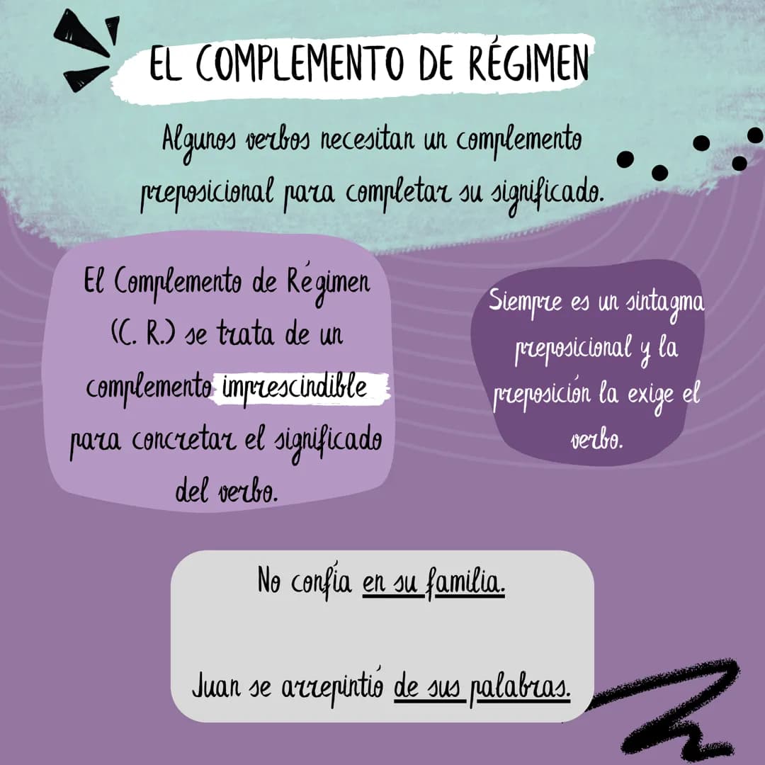 # EL COMPLEMENTO DE RÉGIMEN
Algunos verbos necesitan un complemento
preposicional para completar su significado.
El Complemento de Régimen