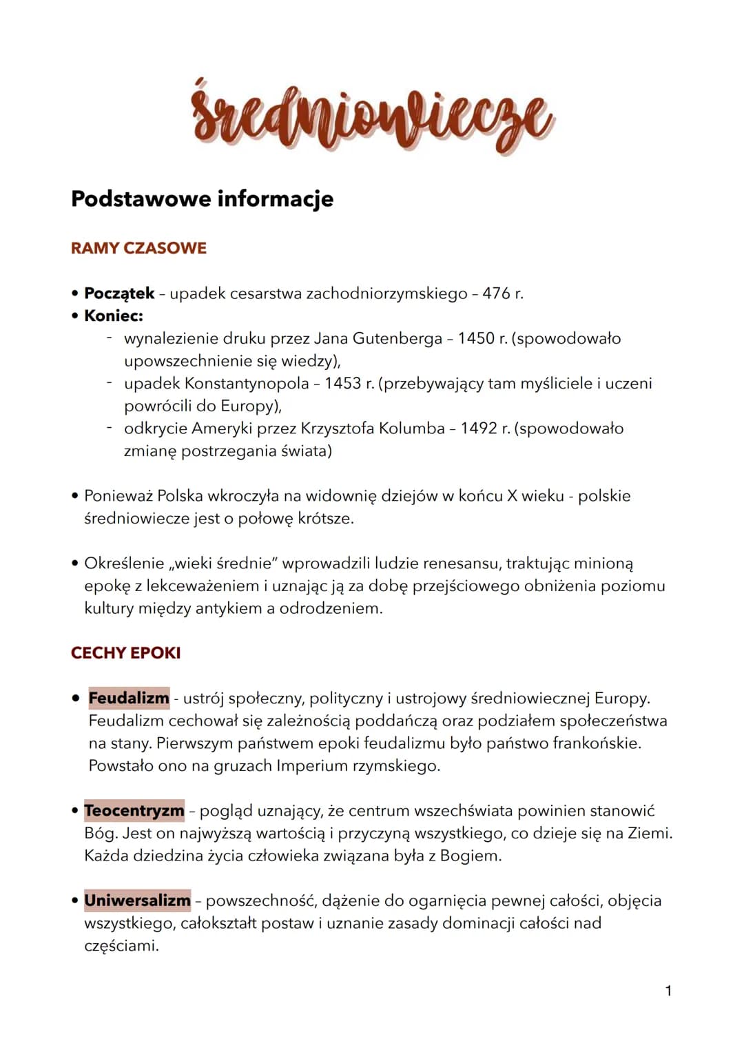 # Średniowiecze
Podstawowe informacje
RAMY CZASOWE
• Początek - upadek cesarstwa zachodniorzymskiego - 476 r.
• Koniec:
- wynalezienie