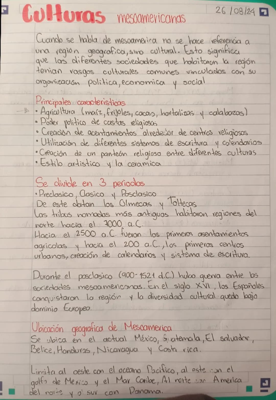 # Culturas mesoamericanas
26/08/247
Cuando se habla de mesoamerica no se hace referencia a
una región geografica, siro cultural. Esto signi