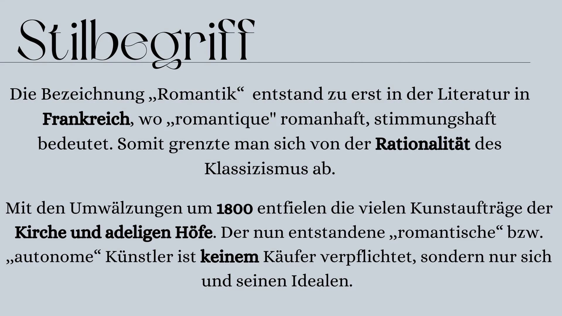 # Romantik
LK BK 11/2 # Gliederung
1. Stilbegriff
2. Allgemeine Informationen
3. Allgemeine Motive
4. Die Suche nach der Blauen Blume
5. A