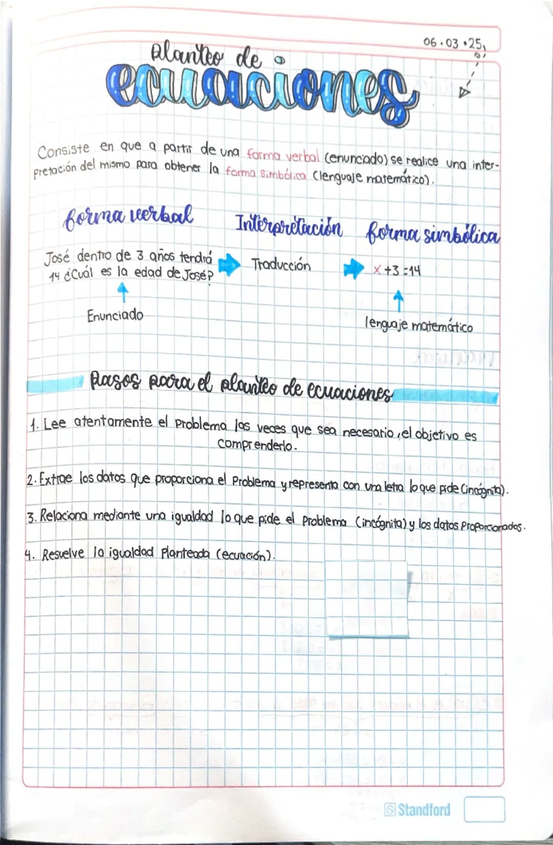 # Planteo de ecuaciones
Consiste en que a partir de una **forma verbal** (enunciado) se realice una interpretación del mismo para obtener l