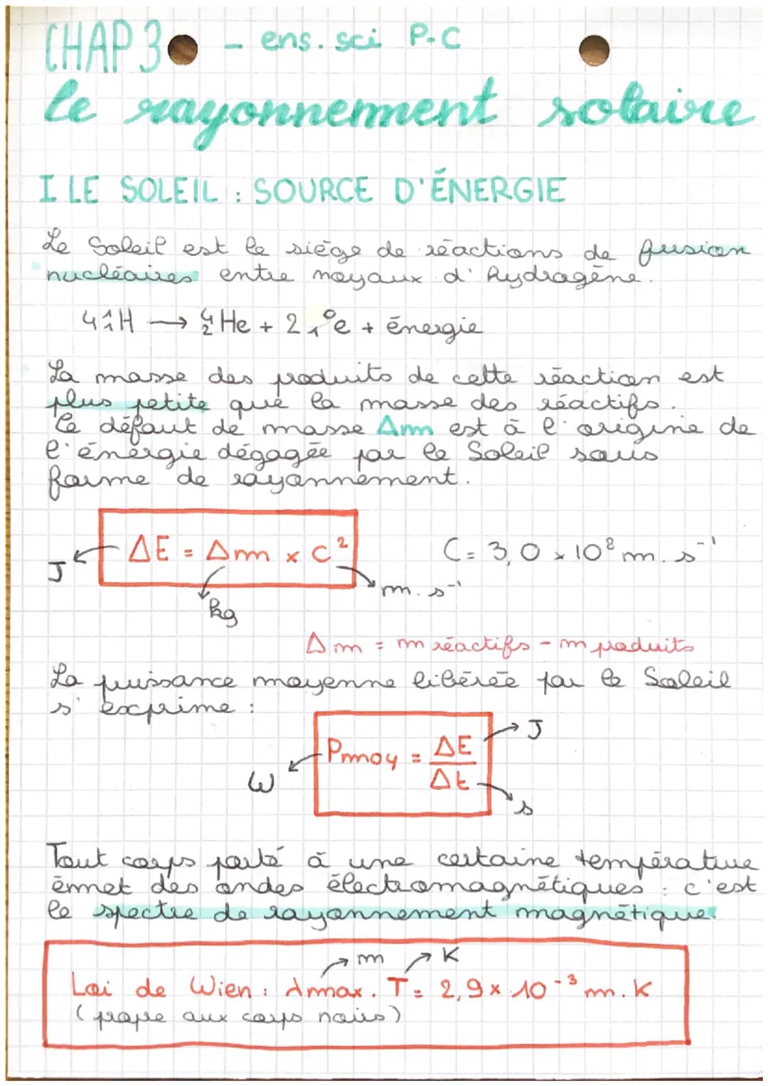 CHAP 3 - ens. sci P-C
# le rayonnement solaire
I LE SOLEIL: SOURCE D'ÉNERGIE
Le Soleil est le siège de réactions de fresicon
nucléaires e