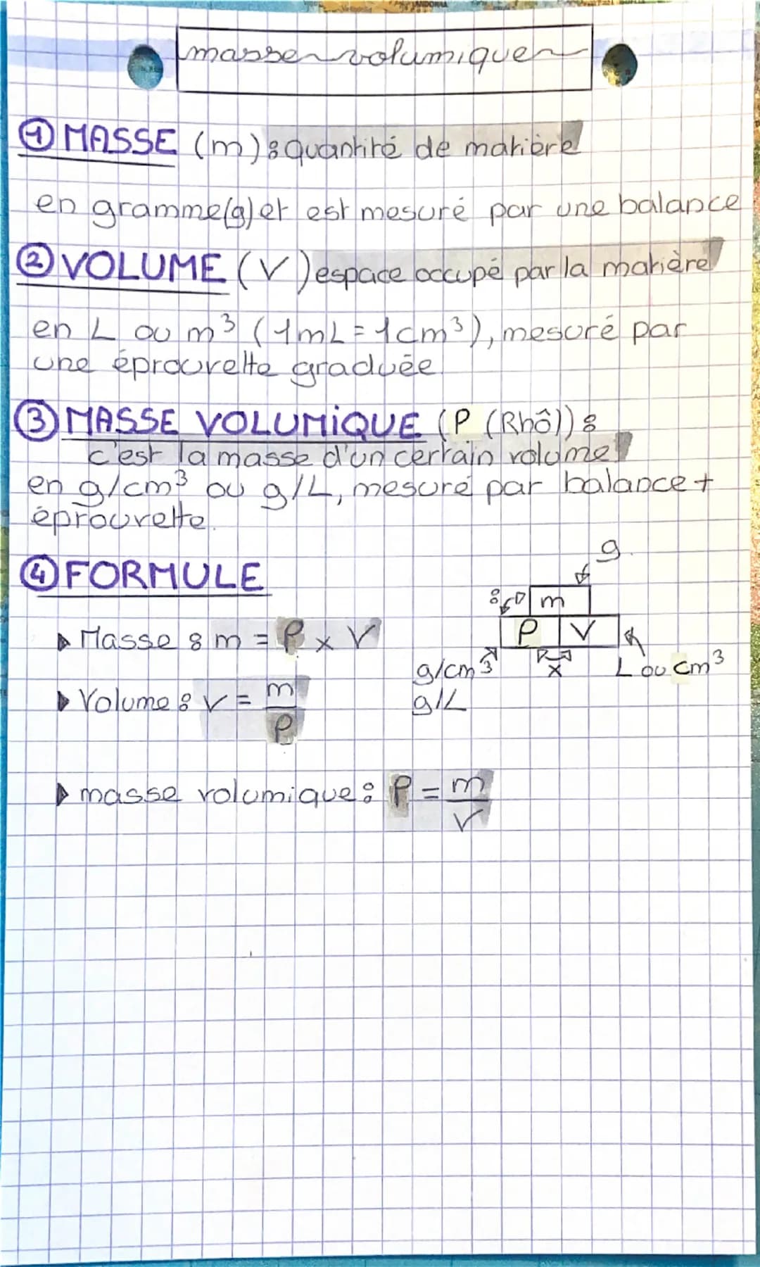 masse volumiquer
① MASSE (m): Quantité de matière
en gramme(g) et est mesuré par une balance
②VOLUME (V) espace occupé par la matière
en