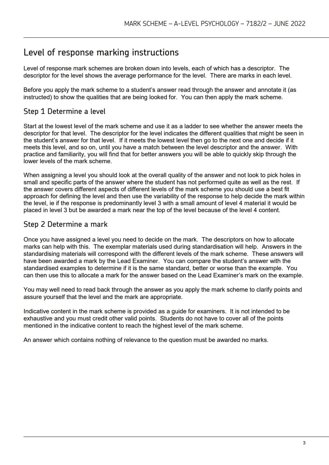AQA
A-level
PSYCHOLOGY
7182/2
Paper 2 Psychology in context
Mark scheme
June 2022
Version: 1.0 Final Mark Scheme
2 2 6 A 7 1 8 2/2/MS M