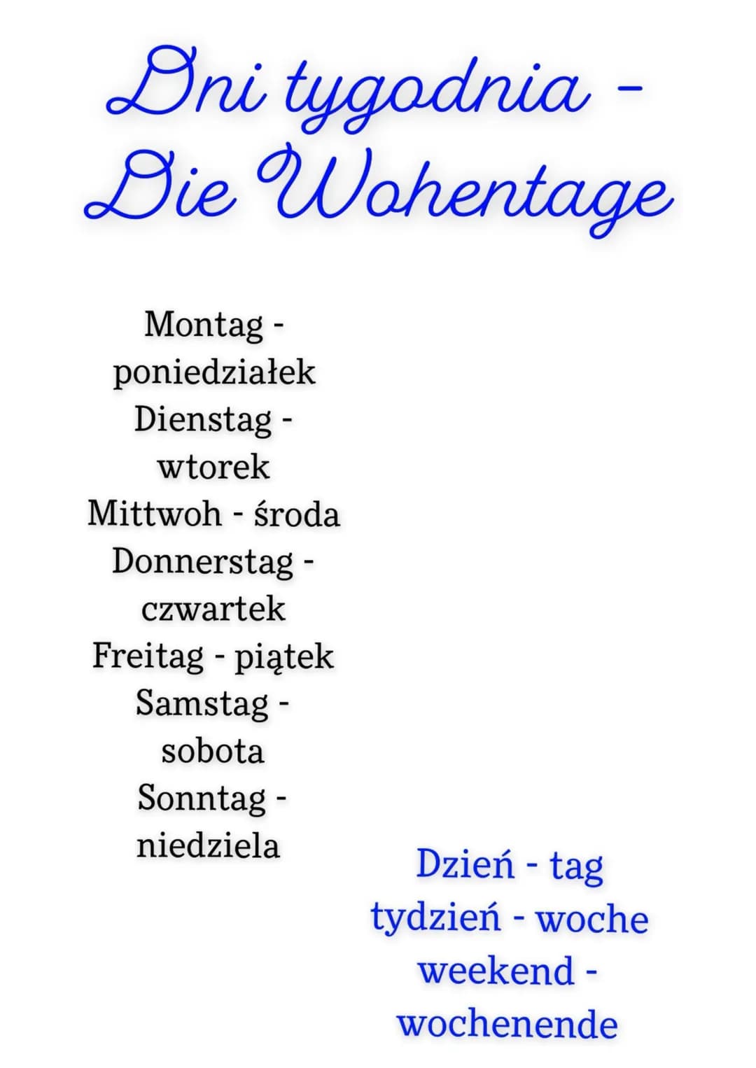 Dni tygodnia -
Die Wohentage
Montag -
poniedziałek
Dienstag -
wtorek
Mittwoh - środa
Donnerstag -
czwartek
Freitag - piątek
Samstag -
sobot