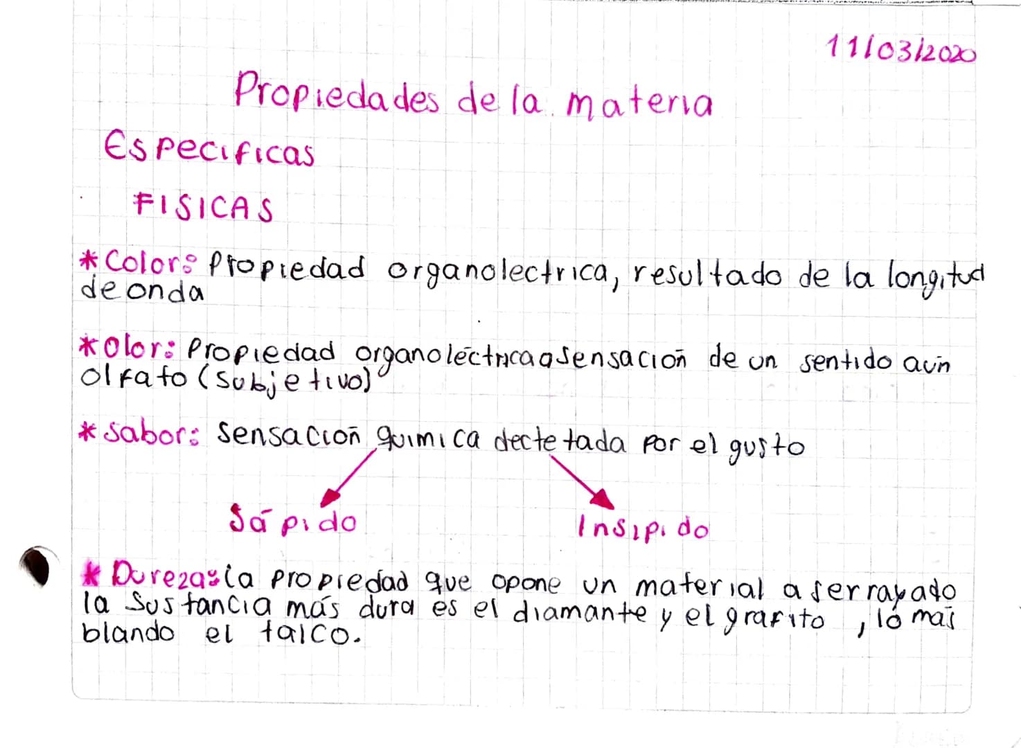 11/03/2020
# Propiedades de la materia
## Especificas
### FISICAS
* Color: Propiedad organolectrica, resultado de la longitud
de onda