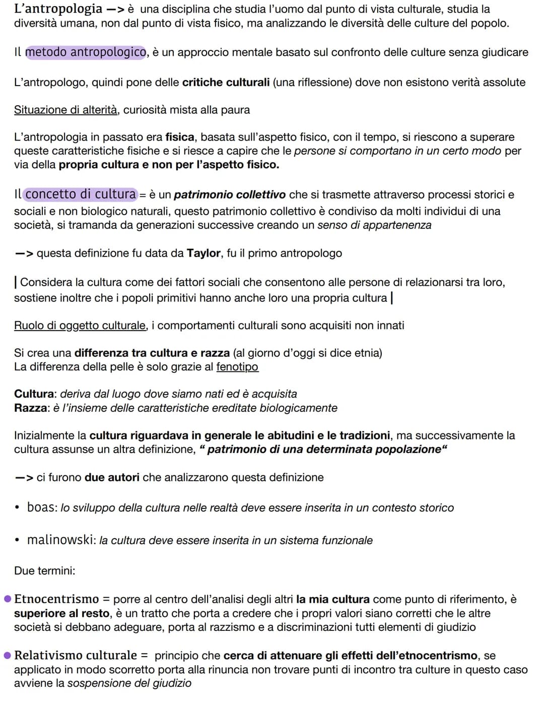L'antropologia -> è una disciplina che studia l'uomo dal punto di vista culturale, studia la
diversità umana, non dal punto di vista fisico,