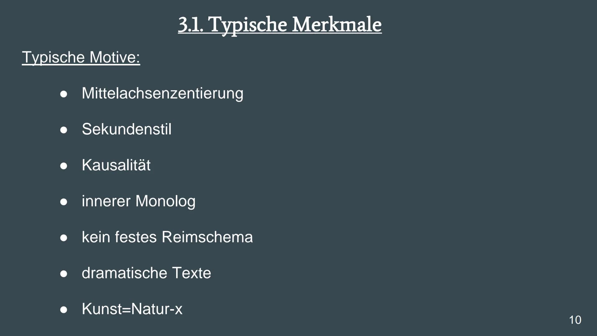 # Literaturepoche:
# Naturalismus
...
Eine Präsentation von Emiy Günther
Deutsch
Frau Wittmer
10b
1 # Gliederung
1. Allgemeines zur Epoc
