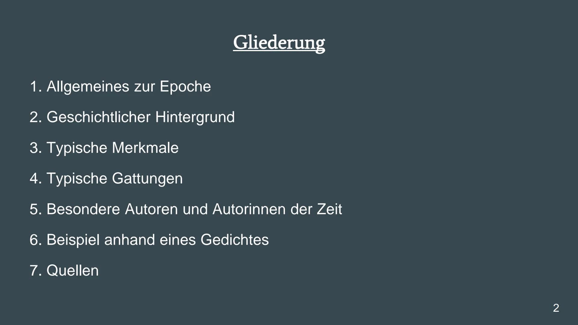 # Literaturepoche:
# Naturalismus
...
Eine Präsentation von Emiy Günther
Deutsch
Frau Wittmer
10b
1 # Gliederung
1. Allgemeines zur Epoc