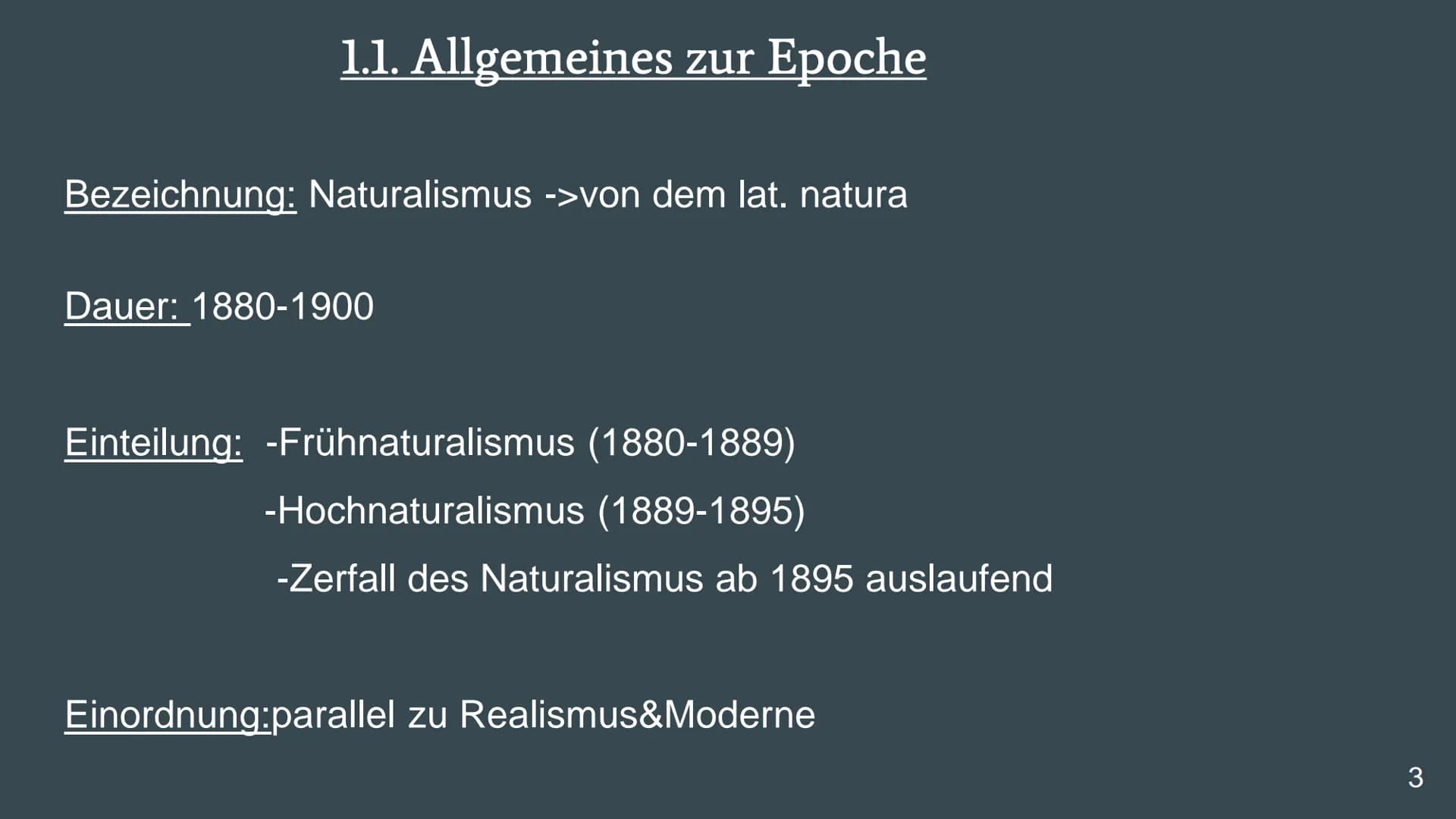 # Literaturepoche:
# Naturalismus
...
Eine Präsentation von Emiy Günther
Deutsch
Frau Wittmer
10b
1 # Gliederung
1. Allgemeines zur Epoc