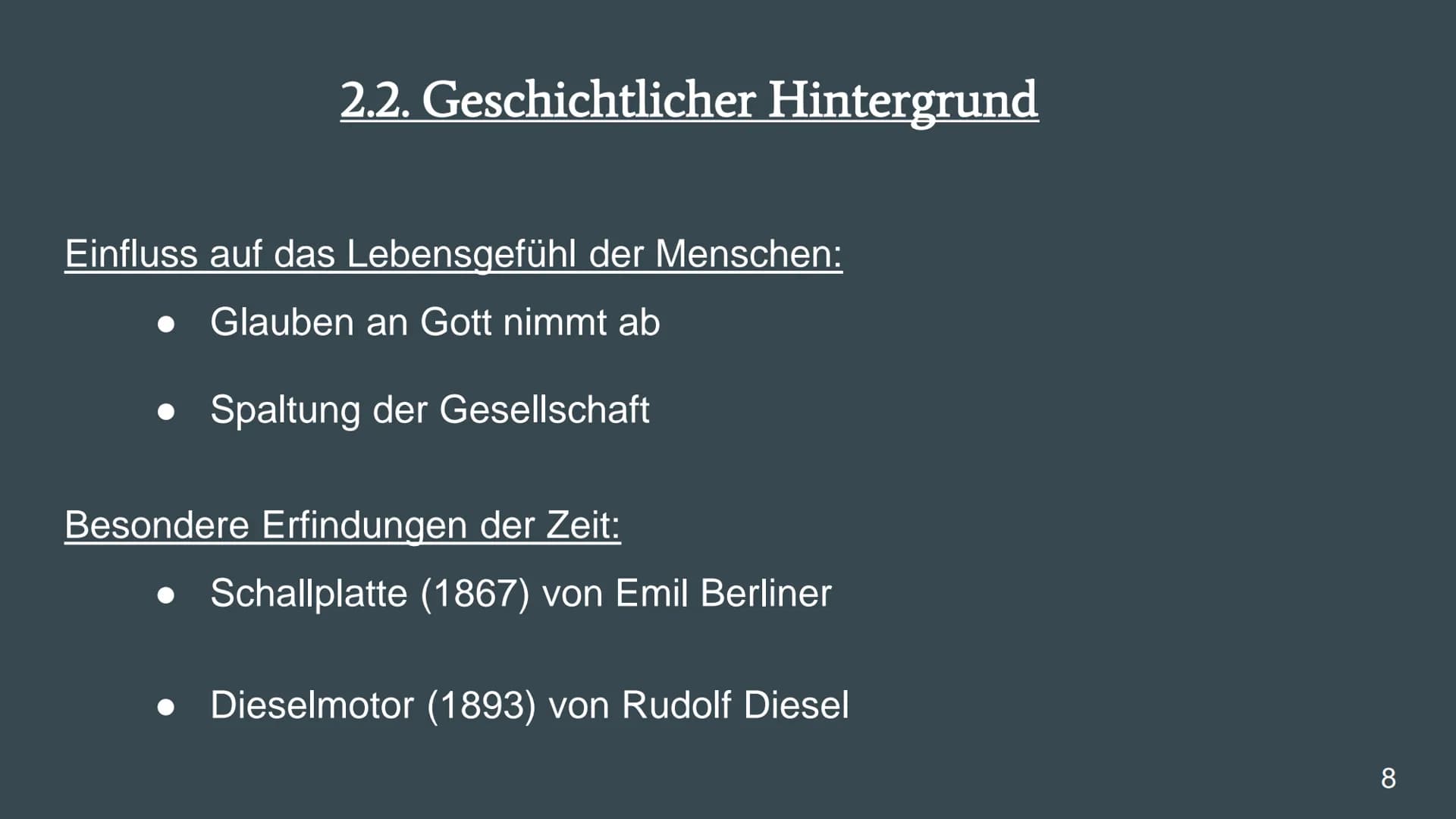 # Literaturepoche:
# Naturalismus
...
Eine Präsentation von Emiy Günther
Deutsch
Frau Wittmer
10b
1 # Gliederung
1. Allgemeines zur Epoc