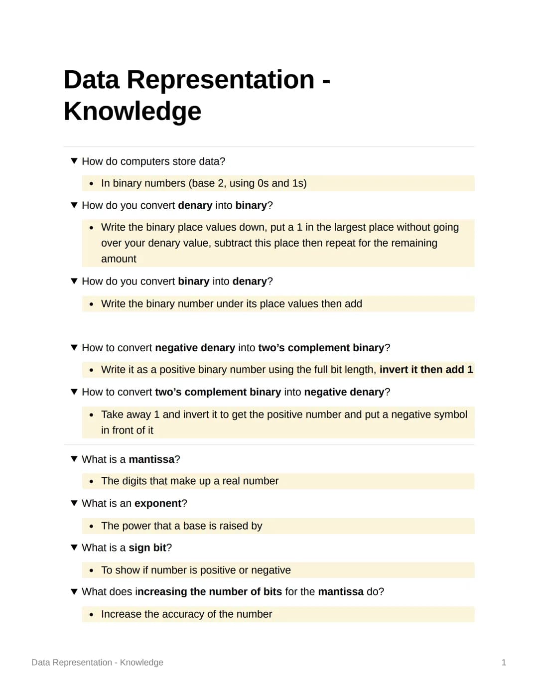 # Data Representation -
# Knowledge
▼ How do computers store data?
* In binary numbers (base 2, using Os and 1s)
▼ How do you convert de