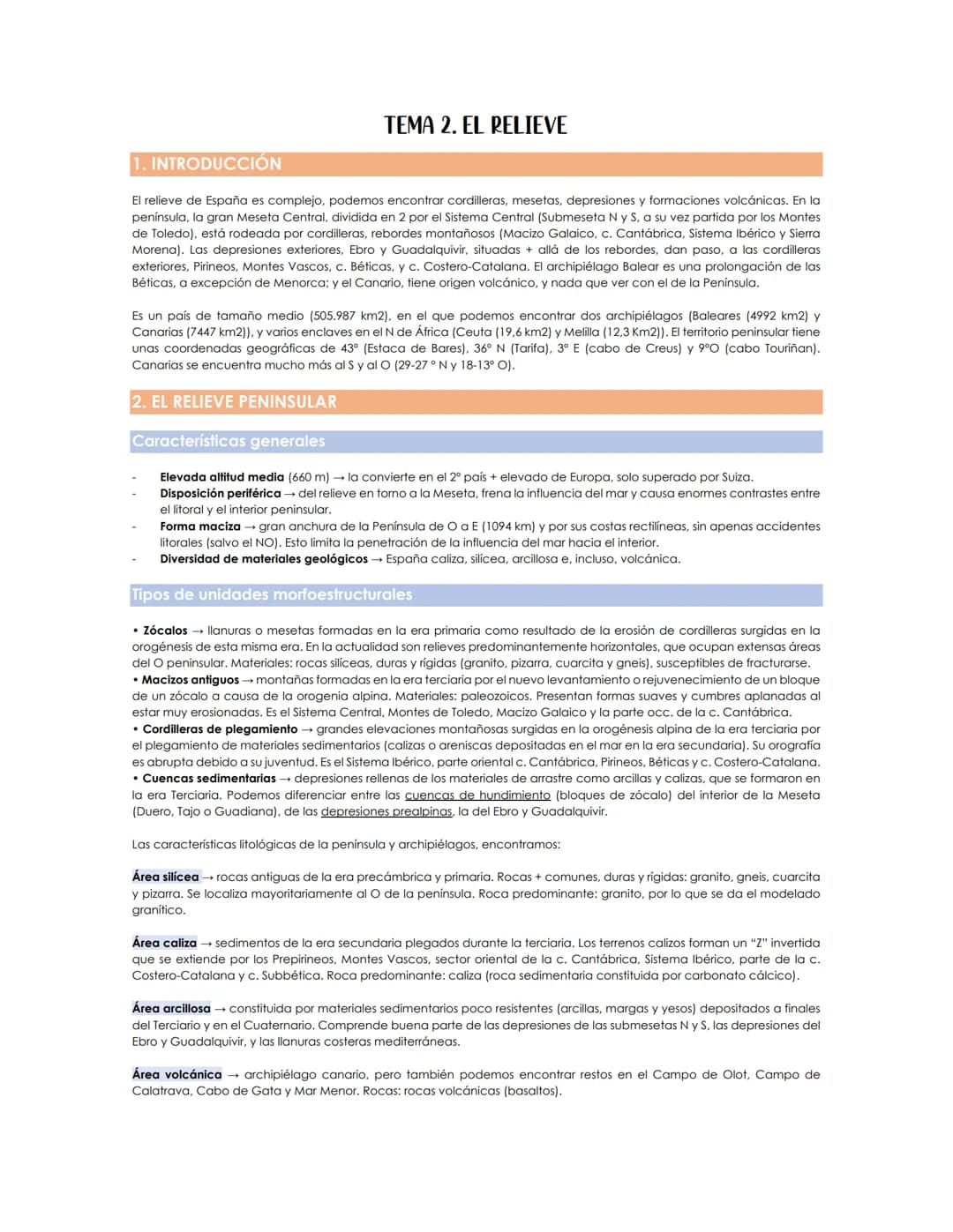 # TEMA 2. EL RELIEVE
1. INTRODUCCIÓN
El relieve de España es complejo, podemos encontrar cordilleras, mesetas, depresiones y formaciones v