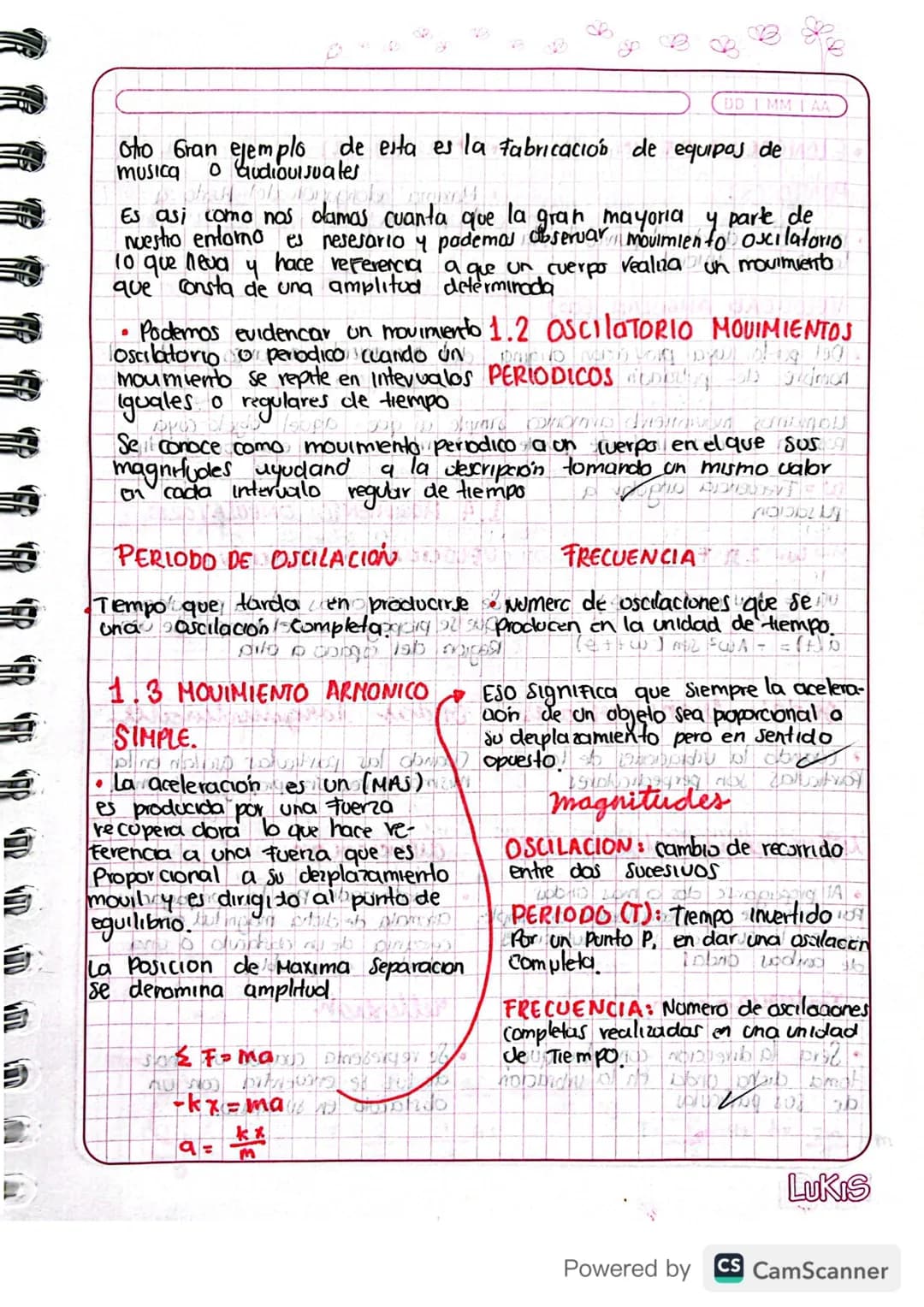 DD MMAA
Movimientos of a s
armonico
Somple
Descubrimos ese tipo de movimiento calculando la posicion y
velocidad en Función del Tiempo, si